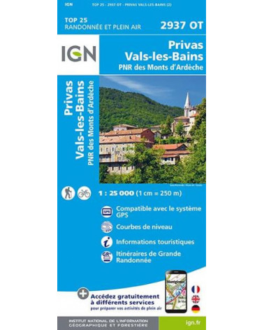 Carte de randonnée TOP 25-2937OT - Privas / Vals-les-Bains