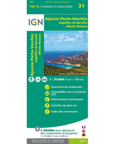 Carte IGN TOP 75 Ajaccio / Porto-Vecchio / Aiguilles de Bavella / Monte Renoso