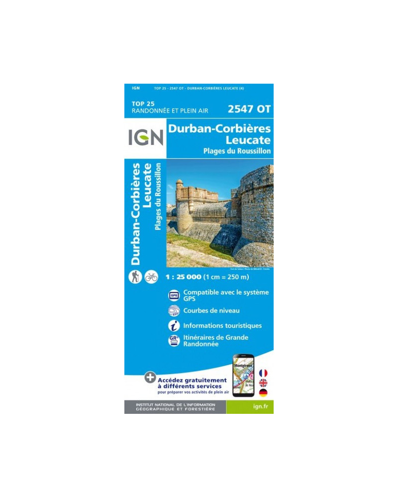 Carte de randonnée TOP 25 IGN 2547 OT Durban-Corbières Leucate