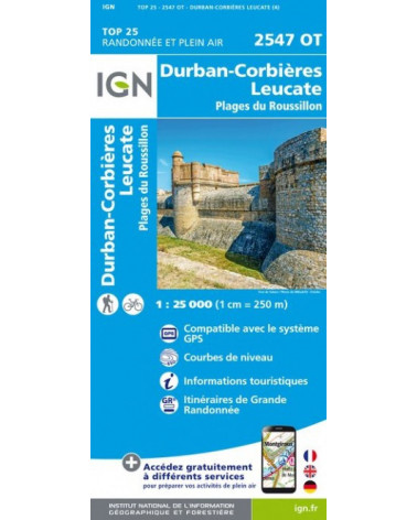 Carte de randonnée TOP 25 IGN 2547 OT Durban-Corbières Leucate